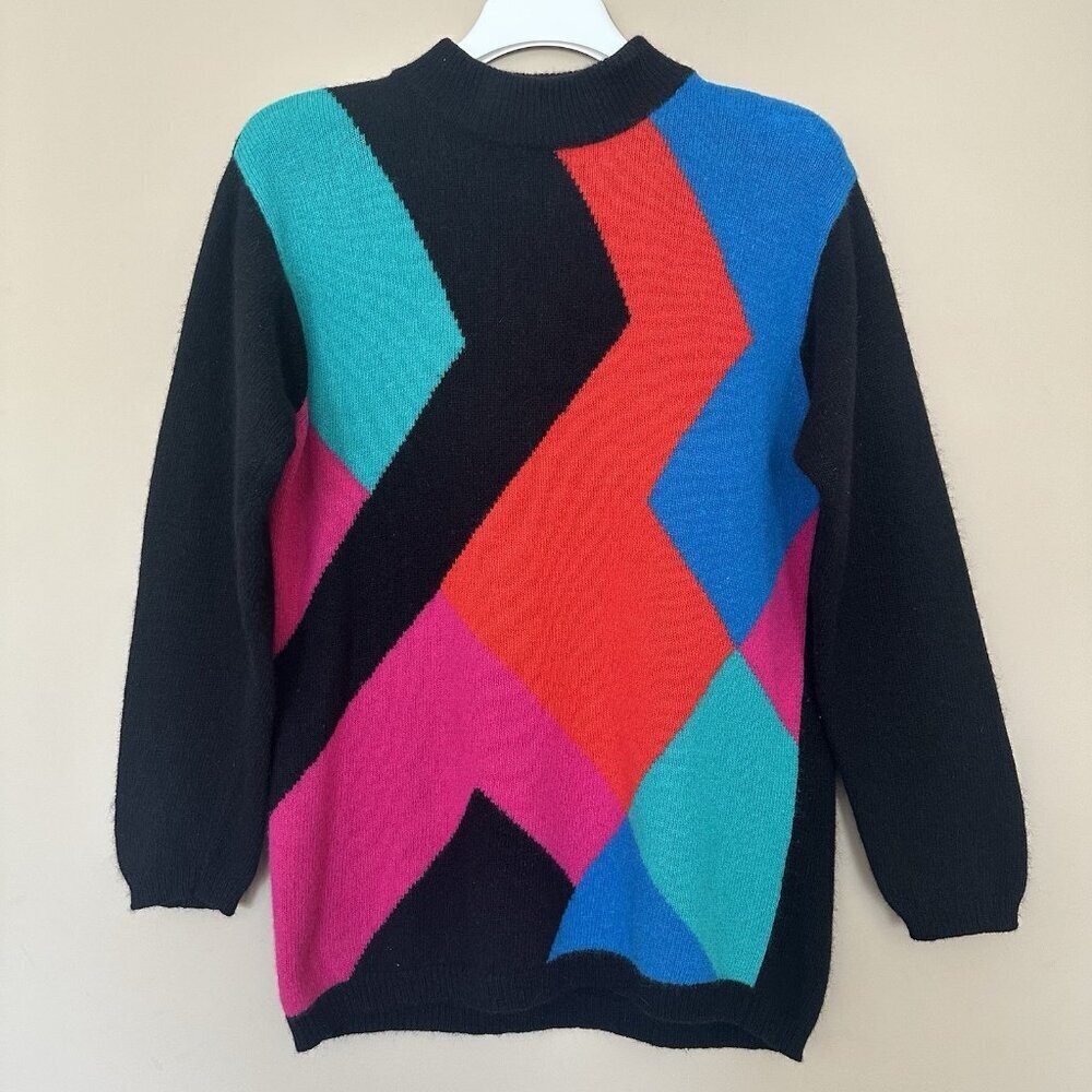 Vintage 1980s Sweater Lambswool Angora Women Petite PS Geometric Colorful 90s